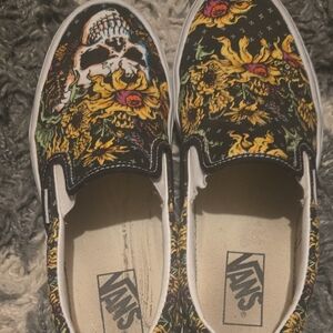 Vans Black Slip-On Shoes with Skull and Sunflower Design